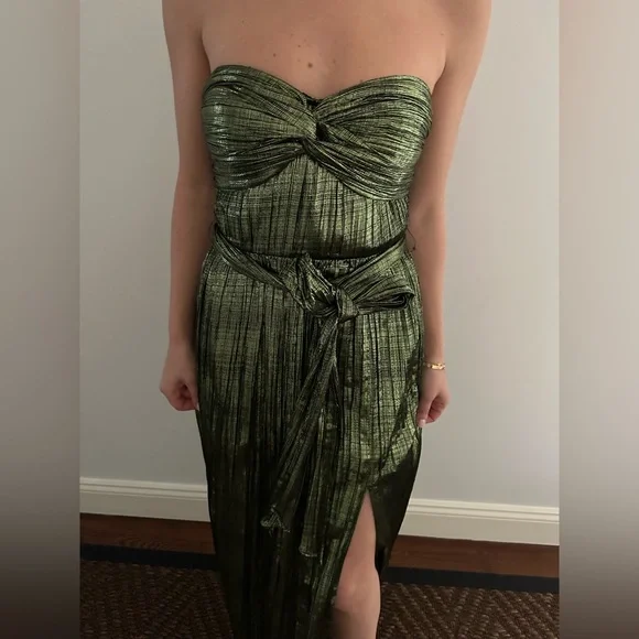 jonathan simkhai green metallic dress Burke Draped Satin Midi Dress